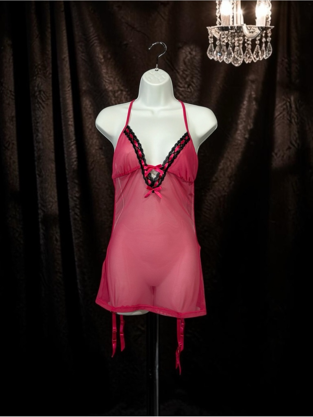 NEW, Dreamgirl, Pink & Black Sheer Mesh Lingerie Garter Chemise, One Size